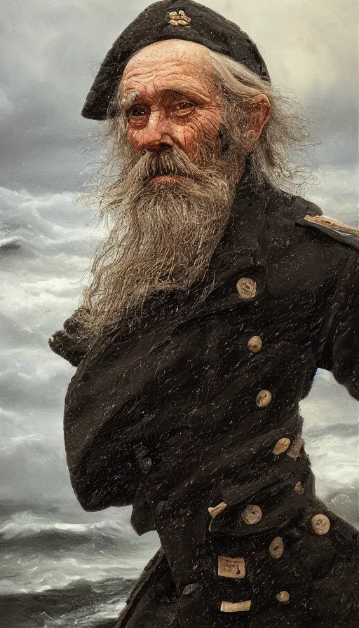 Prompt: Striking portrait of an old weathered sea captain during a storm, oil on canvas, by Richard Foster, by David Cobley, by Anastasia Pollard, highly detailed, dramatic lighting