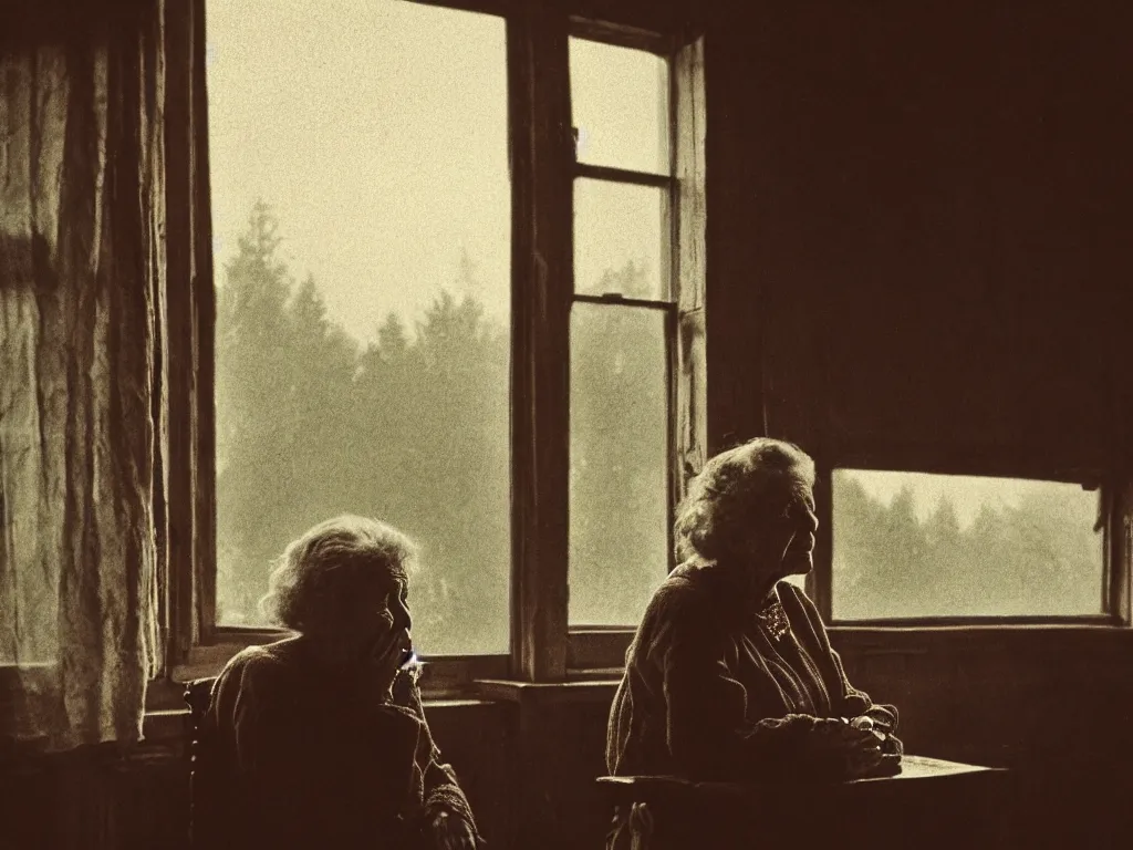 Image similar to portrait bust of old woman sitting at table, hands in pockets, looking outside, tired expression, faded color film, russian cinema, tarkovsky, technicolor, inside old cabin, next to window, heavy forest outside, long brown hair, old clothing, heavy fog, brown color palette, sunset, low light, hudson river school, 4 k, dramatic lighting