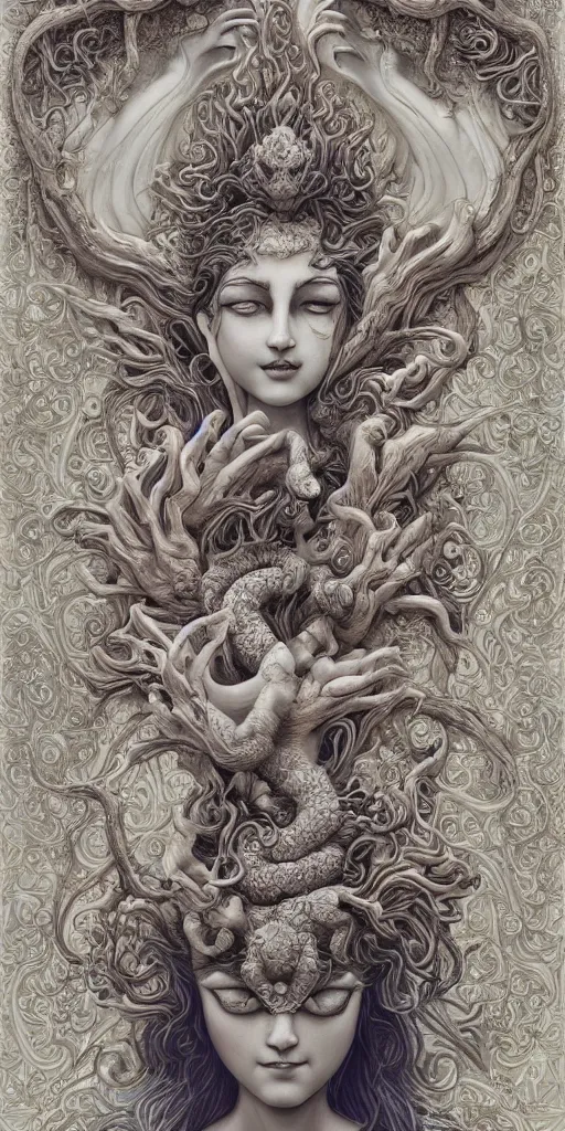 Prompt: a sculpture of mythical creatures by hannah yata, elegant and beautiful female face with her third eye open, carved in stone, intricate, elegant, highly detailed, digital painting by audrey kawasaki, artstation, concept art, ambient occlusion, smoke, foggy vray render,