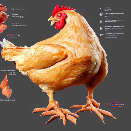 Prompt: chicken, anatomy half cut, infographic, higly detailed, 8 k, photorealistic, art concept, artstation, sharp focus