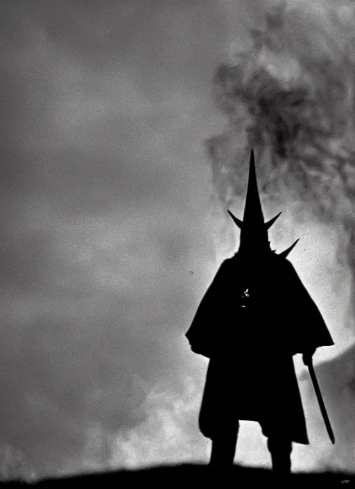 Prompt: portrait of sauron, fire, in the style of akira kurosawa, cinematic, black and white, film grain