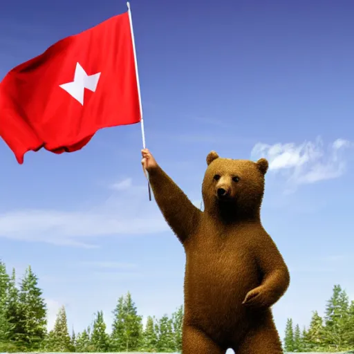 Prompt: a portrait of a socialist comrade bear in a military uniform waving a red flag