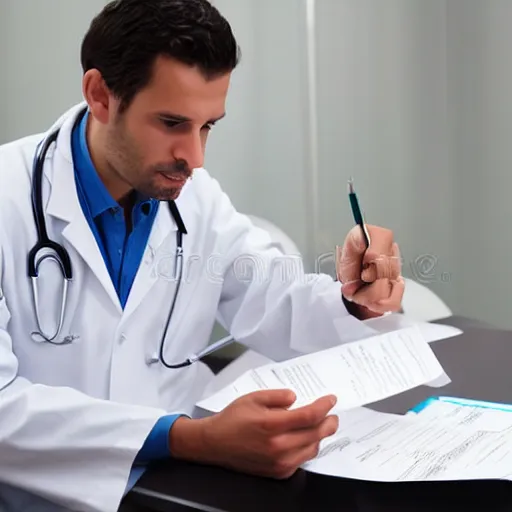 Prompt: Doctor filling a release form. stock photography