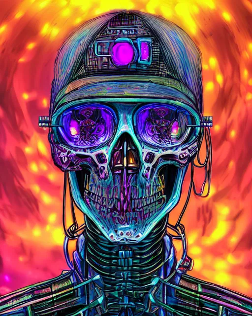 Image similar to portrait of a cyberpunk skeleton, glowy eyes, hyper detailed vaporwave style digital arts