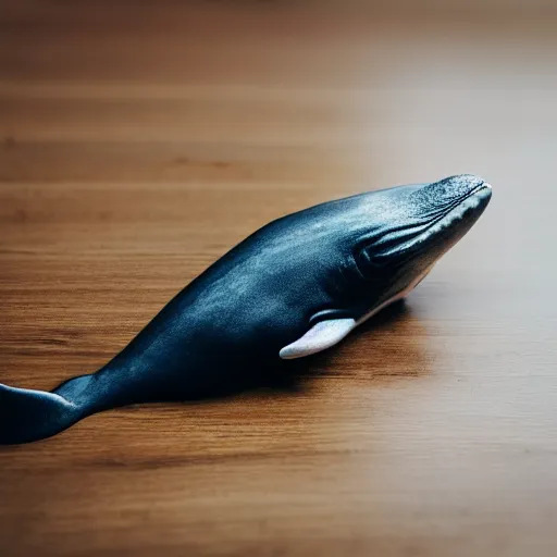 Prompt: [ animated miniature whale ]! sitting on a [ wooden table ]!, focal blur!, 4 k photorealistic photography, trending on unsplash, zoomed out photography