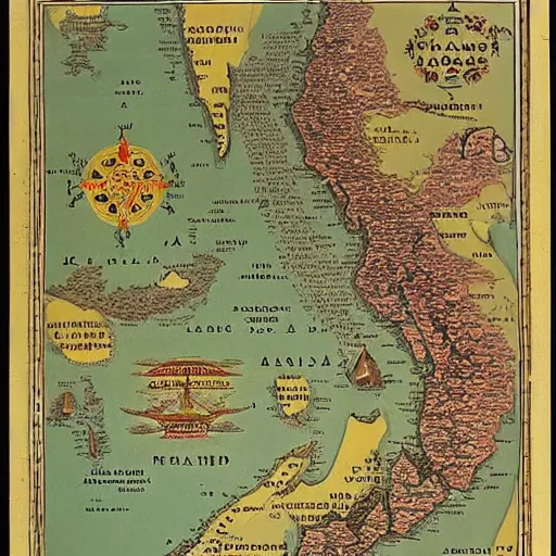 Prompt: map of mainland southeast asia, zoom in burma thailand laos cambodia and vietnam, 1 7 th century, high accuracy, fantasy, based on geographical map,