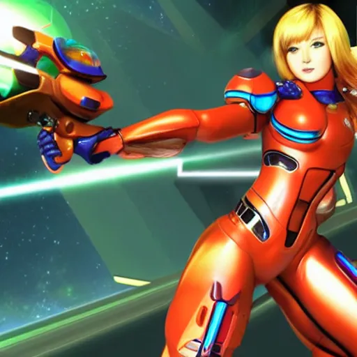 Prompt: a fantastically attractive samus aran shooting a metroid with her blaster