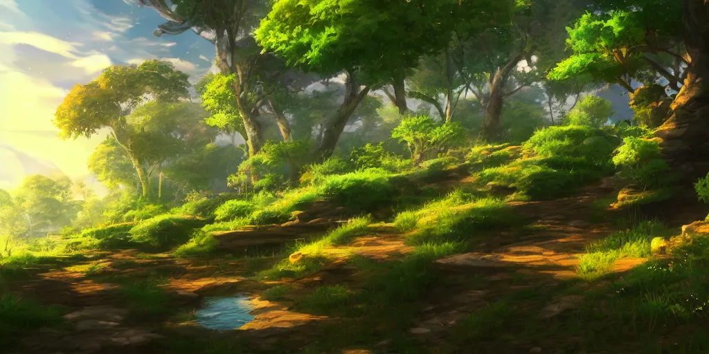 Image similar to beautiful nature environment from genshin impact, game art, in game screenshot, beautiful colors, 8 k, detailed, award winning, popular on artstation, by a famous game concept artist, anime style, nostalgic