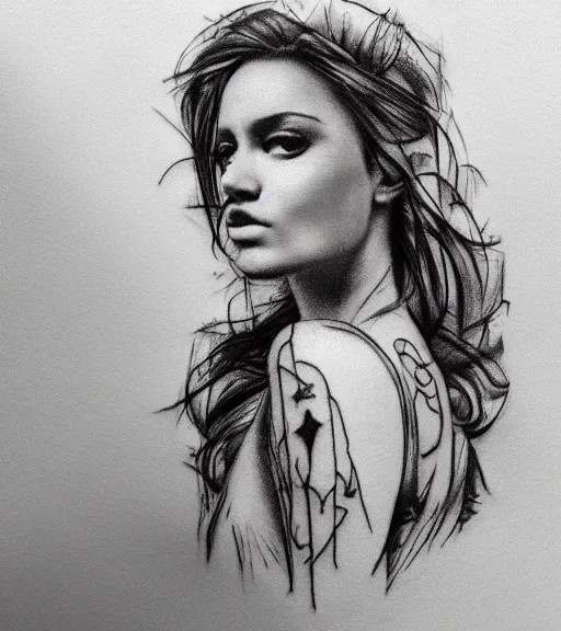 Prompt: tattoo design sketch of a beautiful woman face with a realistic mountain scenery on the womans side, hyper - realistic, double exposure effect, in the style of matteo pasqualin, amazing detail, black and white, faded