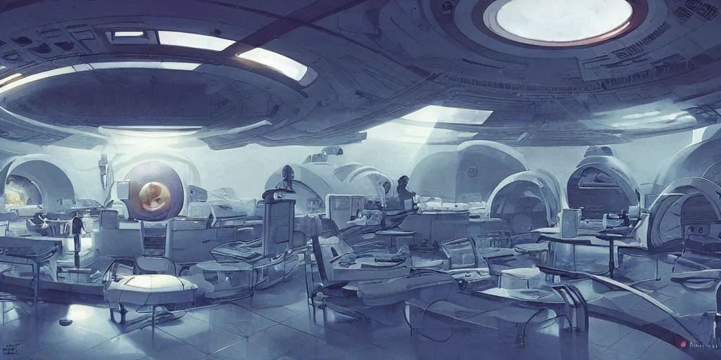 Image similar to circular spaceship medic room laboratory , humans working, thick mist, low ceiling, cables hanging from ceiling, thick cables on ground, god rays of light, huge computer screens, neons, saturated top light , epic scene, scifi, illustration, art by Juan Giménez and moebius