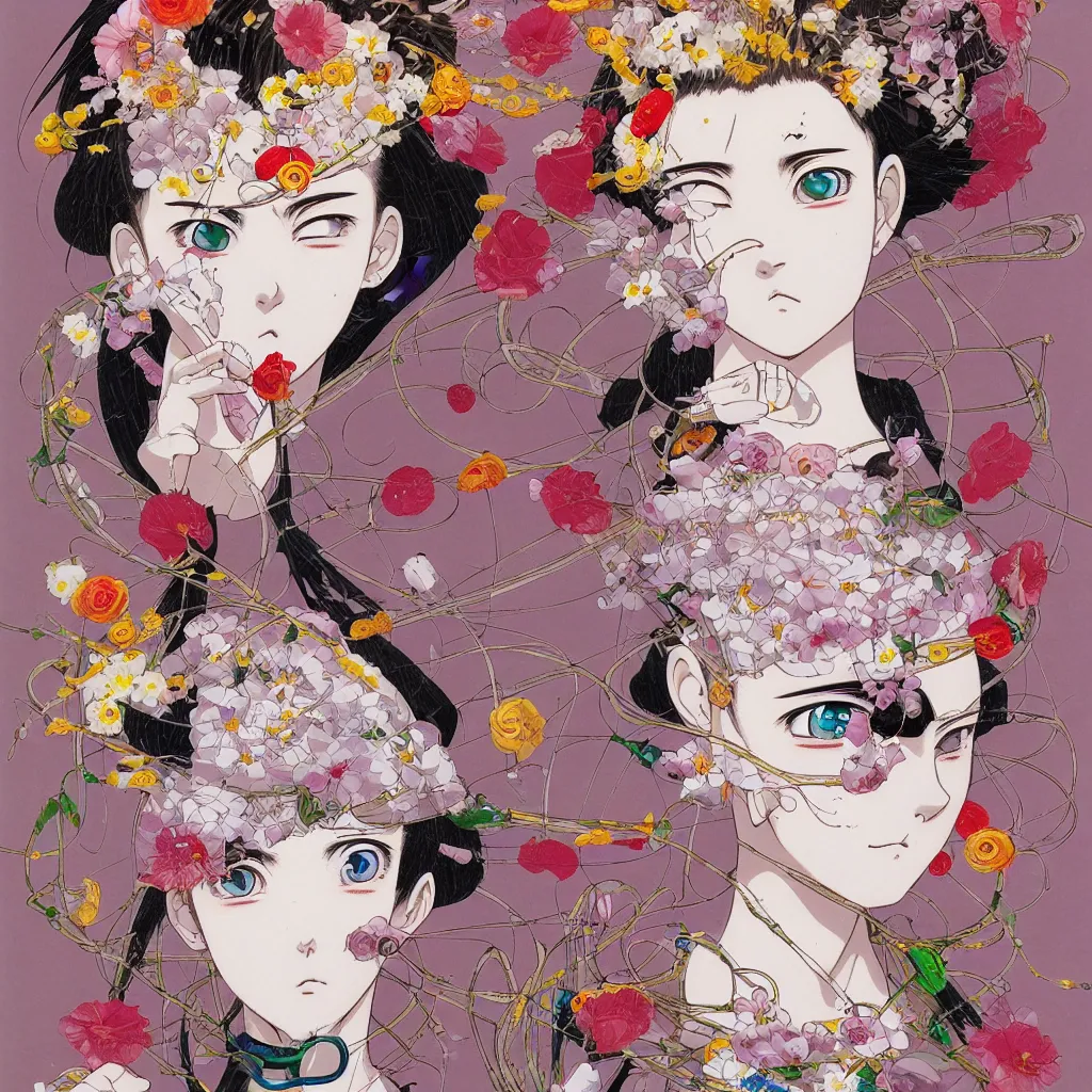 Image similar to prompt: Fragile portrait of one persona covered with random flowers illustrated by Katsuhiro Otomo, inspired by sailor moon and 1990 anime, smaller cable and cryborg parts as attributes, eyepatches, illustrative style, intricate oil painting detail, manga 1980