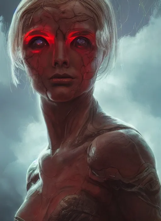 Image similar to biblical female android, glowing veins, in clouds, sunset, big eyes, portrait by wayne barlowe, studio lighting, muted colors, by frank frazetta, extreme detail, reflections, trending on artstation, 8 k