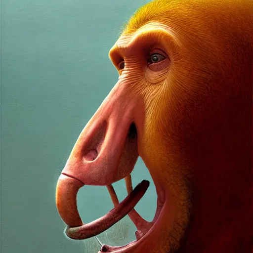 Prompt: vladimir putin, anthropomorphic proboscis monkey vladimir putin hybrid, vladimir putin transformation, macabre, horror, by donato giancola and greg rutkowski and wayne barlow and zdzisław beksinski, realistic face, visible face, digital art