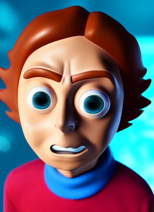 Prompt: young and happy morty from rick and morty closeup photograph dslr photorealistic, studio lighting, ektachrome, detailed, intricate, face detail