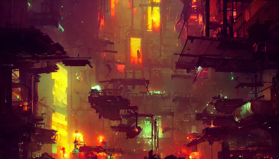 Image similar to an alley of a futuristic city at night by craig mullins and ismail inceoglu, atmospheric, fine details, vivid, neon, masterpiece, bokeh