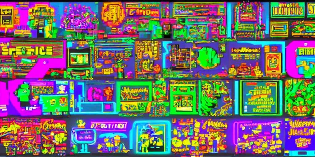 Image similar to 1980s arcade game sprites neon colors