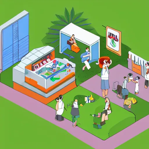 Image similar to idyllic isometric cartoon render of a new cannabis club in australia, popular place to be