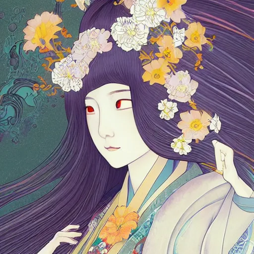 Image similar to portrait of the japanese moon princess kaguya hime with long flowing black hair wearing an ornate kimono with intricate floral patterns, touhou character illustration by ross tran, bo chen, toni infante, rebecca oborn, michael whelan, trending on artstation cgsociety hq