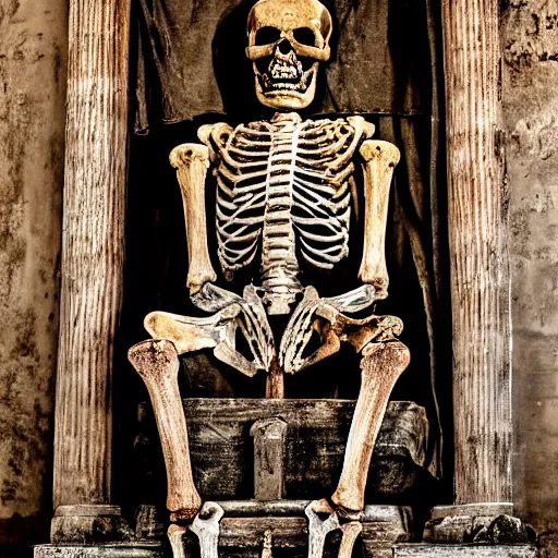 Image similar to ancient skeleton sits on a throne in an old temple with godrays, XF IQ4, 150MP, 50mm, f/1.4, ISO 200, 1/160s, natural light, Adobe Photoshop, Adobe Lightroom, DxO Photolab, Corel PaintShop Pro, rule of thirds, symmetrical balance, depth layering, polarizing filter, Sense of Depth, AI enhanced