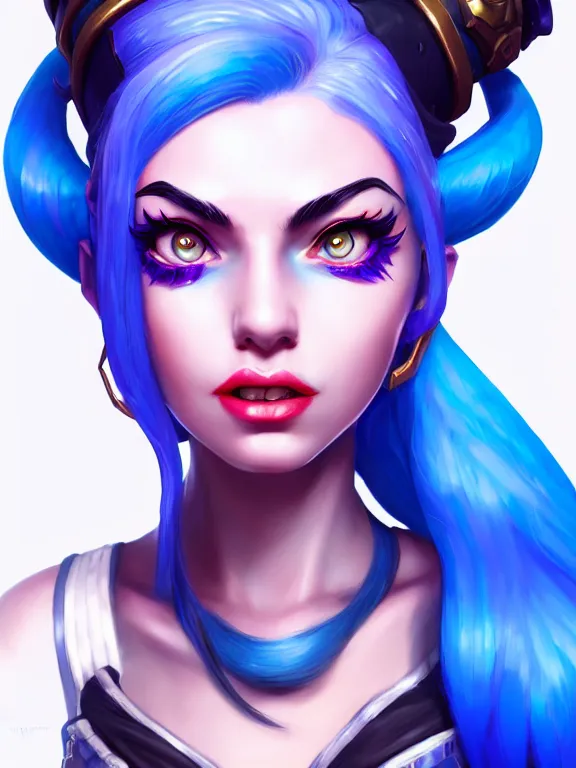 Image similar to a League of Legends FAN ART Portrait of JINX The Loose Cannon, blue hair, long pigtail, intricate, elegant, highly detailed, digital painting, concept art, smooth, sharp focus, illustration,artstation,deviantart,Unreal Engine,face enhance,8K,golden ratio,cinematic lighting