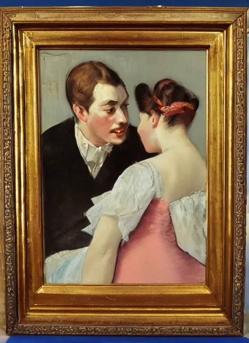 Prompt: vintage beautiful painting of a woman being scared by a prince on a drama stage in Mary Cassatt style