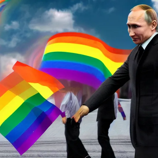 Prompt: Photo of Gay Pride Vladimir Putin, Photorealistic, rainbows
