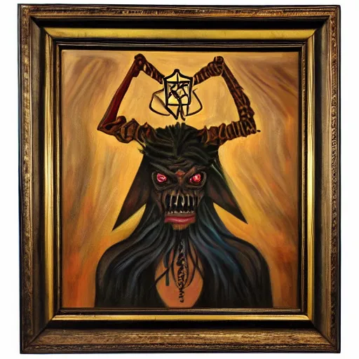 Image similar to portre of an autistic demon on acid, masonic and kabalistic symbols in background, oil painting