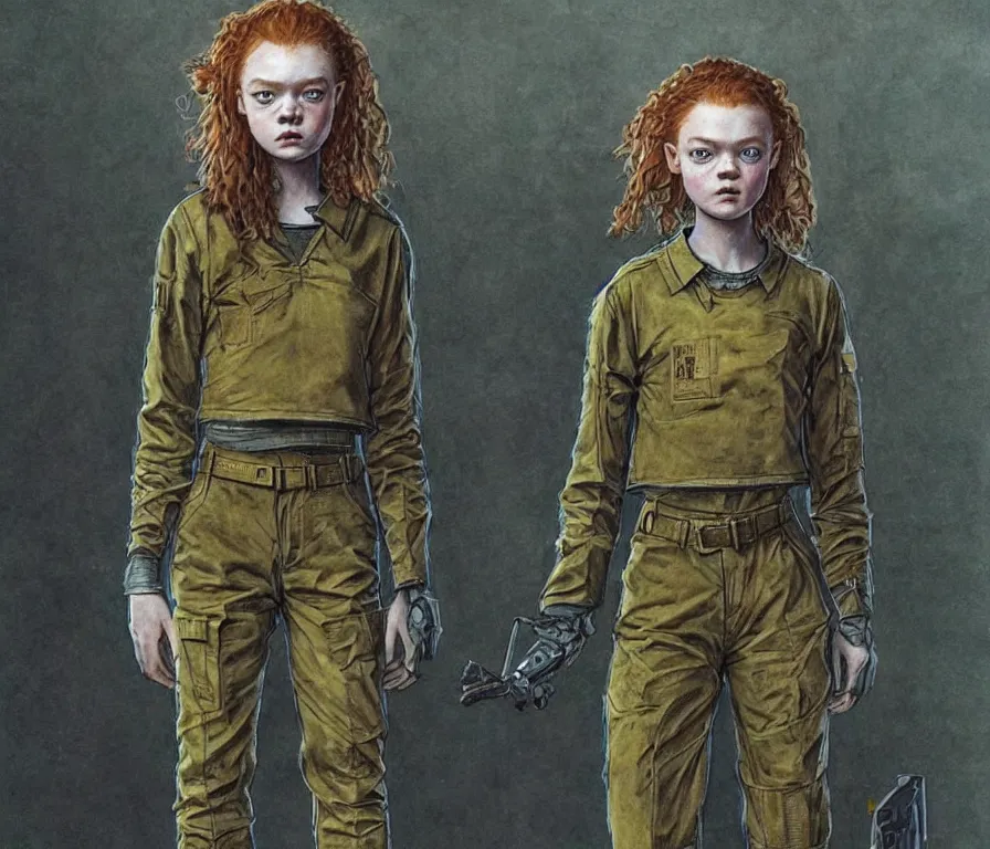 Prompt: sadie sink dressed in oversized school uniform : costume concept for a scifi cyberpunk film. by greg staples and elsa beskow. sharp focus, cinematic atmosphere, detailed and intricate, perfect anatomy