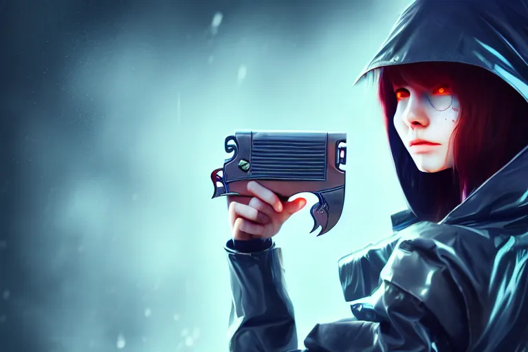 Image similar to girl in a futuristic raincoat, holding a revolver, character concept art, valorant game style, digital art, many details, super realistic, high quality, 8 k