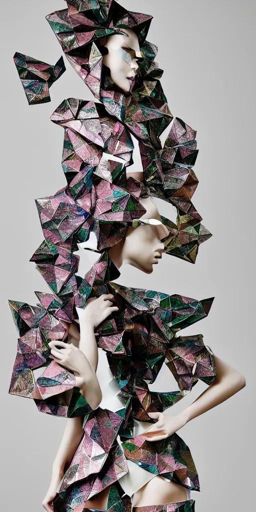 Prompt: portrait of a beautiful ceramic model wearing sakura ( ( origami themed paper flower ) ) and metallic shapes haute couture by issey miyake