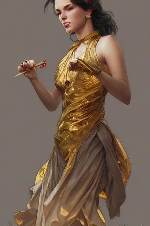 Image similar to a girl wearing a golden dress, grey hair, red necktie, cinematic, stunning, highly detailed, digital painting, artstation, smooth, hard focus, full body shot, illustration, art by artgerm and greg rutkowski and alphonse mucha