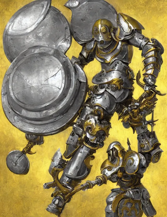 Prompt: full body, attack position Ben Nicholson painting in lush fantasy environment of a ornate holy mechanical warforged with circular glowing eye, character in yellow armor holding a legendary paladin engraved holy great longsword and carrying a huge heavy paladin shield, vertically flat head, face in focus, epic , trending on ArtStation, masterpiece, cinematic lighting