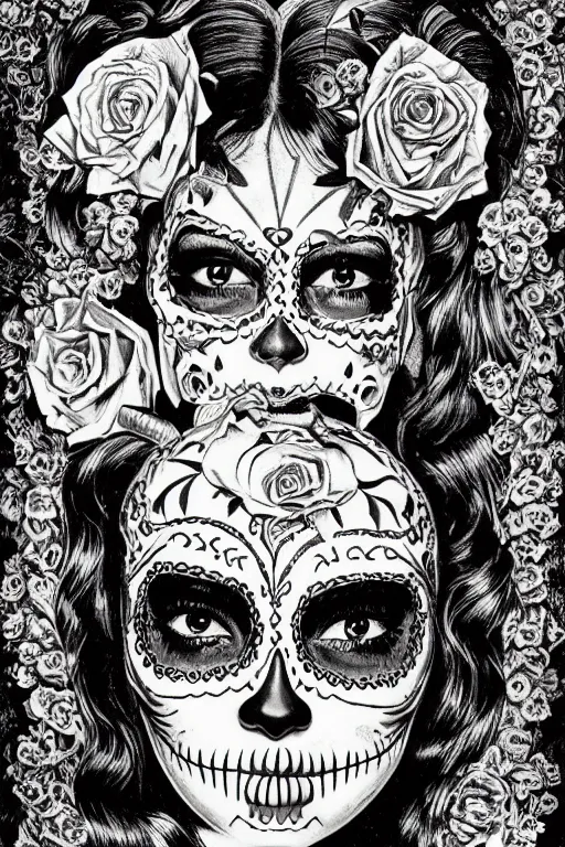 Prompt: Illustration of a sugar skull day of the dead girl, art by virgil finlay