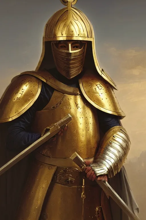 Image similar to man in decorated with gold baroque style christian crusader armor, helmet hiding his face and white cape standing at the gates of jerusalem drawn by greg rutkowski realistic high detail