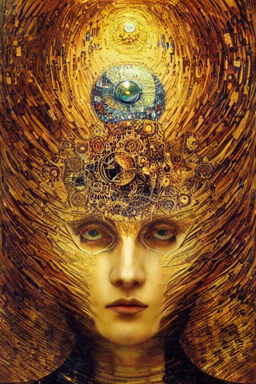 Image similar to Intermittent Chance of Chaos Muse by Karol Bak, Jean Deville, Gustav Klimt, and Vincent Van Gogh, enigma, destiny, fate, unearthly gears, otherworldly, fractal structures, prophecy, ornate gilded medieval icon, third eye, spirals