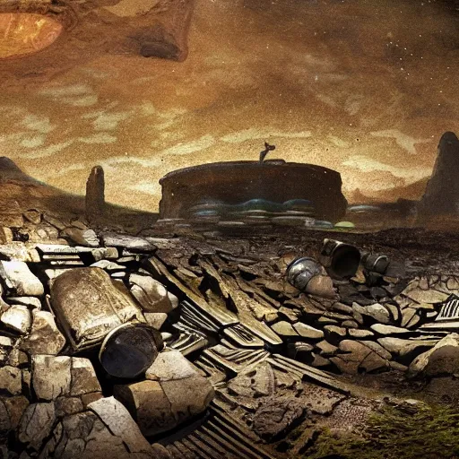 Image similar to an alien planet covered in ancient technology. atmospheric