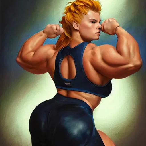 Image similar to greg manchess portrait of thick muscular weightlifter zarya from overwatch with ponytail and blond hair played by scarlett johansson showing back muscles, medium shot, asymmetrical, profile picture, organic painting, sunny day, matte painting, bold shapes, hard edges, street art, trending on artstation, by huang guangjian and gil elvgren and sachin teng