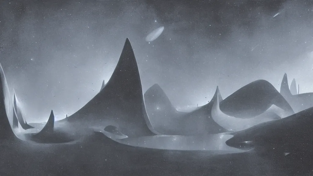 Prompt: otherworldly atmosphere of emissary space by arthur haas and bruce pennington and john schoenherr, cinematic matte painting buildings by zaha hadid and james turrell in the mountains with falling snow