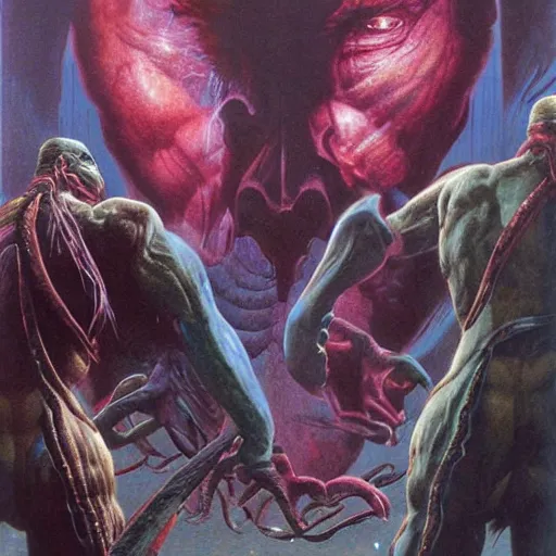 Image similar to Stable Diffusion beats Dalle 2 in a Mortal Kombat tournament cover art by Wayne Barlowe