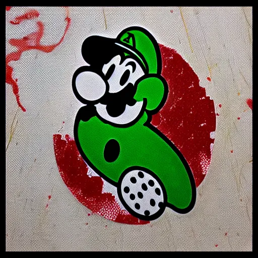 Image similar to die cut sticker, yoshi wearing mario's mustache, splatter paint