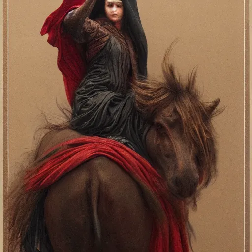 Image similar to a masterpiece! photographic portrait of a a cloaked woman riding the back of a scarlet - colored beast with seven ( 7 ) heads and ten ( 1 0 ) horns by gustave dore and sam spratt and allen williams, trending on artstation, cgsociety, 8 k hd, earthtone colors,