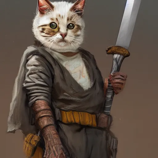 Image similar to a high detail shot of a dirty, homeless humanoid cat wearing rags, holstering sword, realism, 8 k, fantasy, d & d, concept art