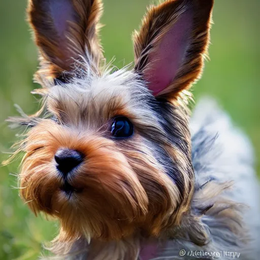 Prompt: a floppy - eared bunny and yorkie dog hybrid, bunny - yorkie, wildlife photography