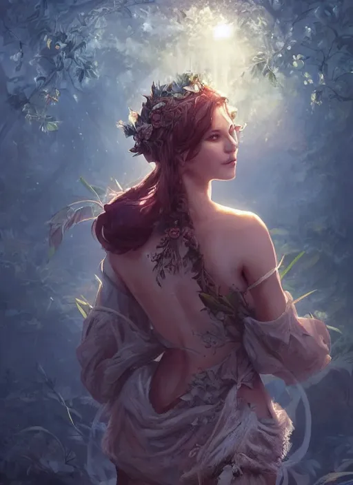 Prompt: female seductive queen of nature girl, beautiful face, rule of thirds, intricate outfit, backlit, foreground art by artgerm, background art by greg rutkowsk and jeremy mann, digital painting