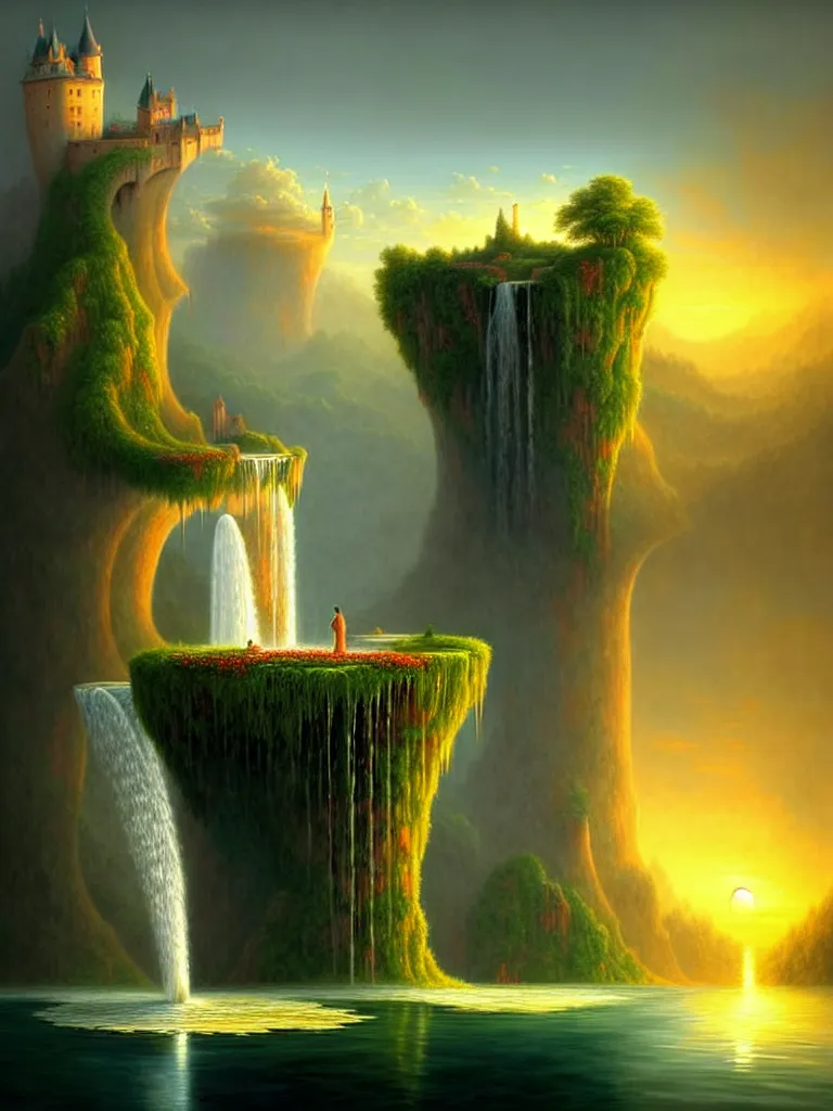 Image similar to gediminas pranckevicius an immense gigantic ornated iron cup with a lake inside, water in excess droping by thomas cole, boats, castle, sunset, volumetric light, godrays