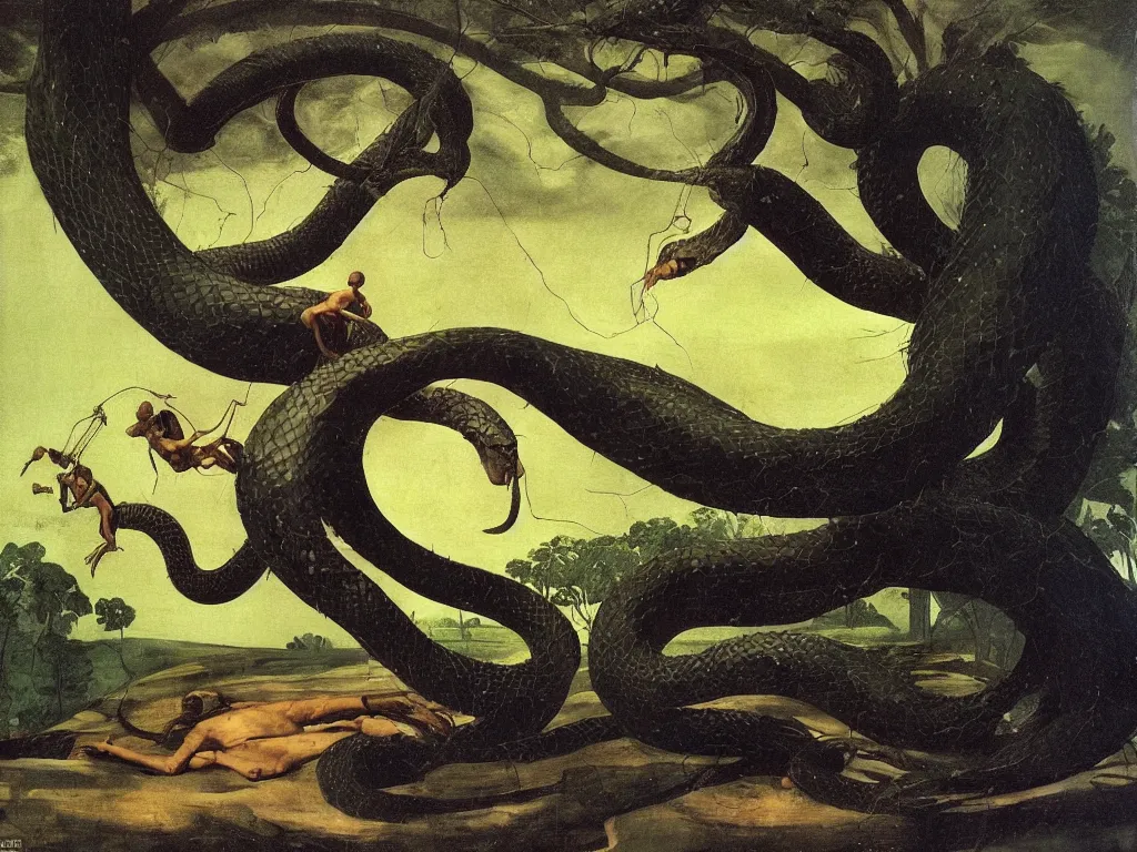 Prompt: Strange man fighting a giant snake. The tree-like animals of Andromeda. Surreal, melancholic, serene, torrential rain. Painting by Caravaggio, Caspar David Friedrich, Roger Dean