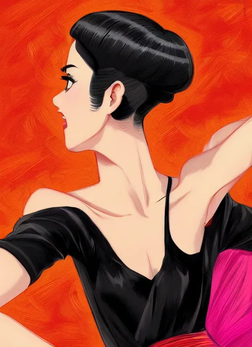 Prompt: a beautiful dancer with black hair in 1950's fashion, ballroom background, intricate, highly detailed, digital painting, artstation, official media, anime key visual, concept art, rich vivid colors, ambient lighting, sharp focus, illustration, art by Artgerm, Makoto Shinkai, Ilya Kuvshinov, Lois Van Baarle, and Rossdraws