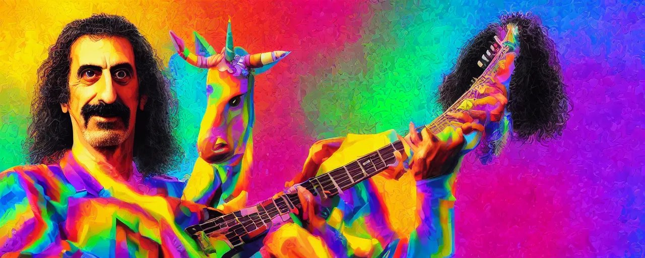 Image similar to A 3d rendered colourful portrait of frank zappa playing an electric guitar whilst riding a unicorn, digital art, 4k