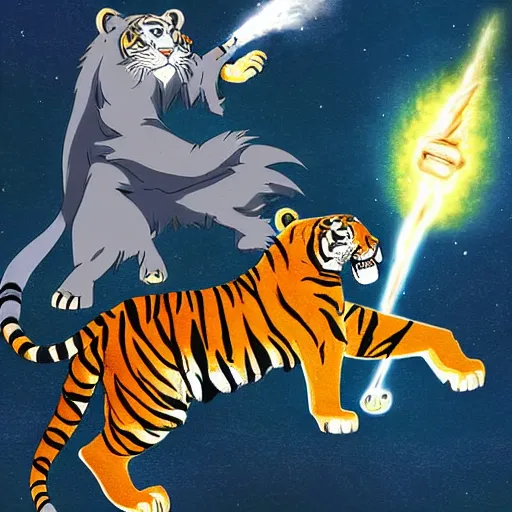 Prompt: A Wizard battling a Tiger by miyazaki miyamoto