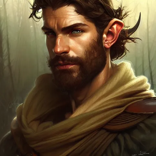 Image similar to Portrait of rugged male ranger, elf, D&D, amber eyes, muscular, fantasy, intricate, elegant, highly detailed, digital painting, artstation, concept art, smooth, sharp focus, illustration, art by artgerm and greg rutkowski and alphonse mucha